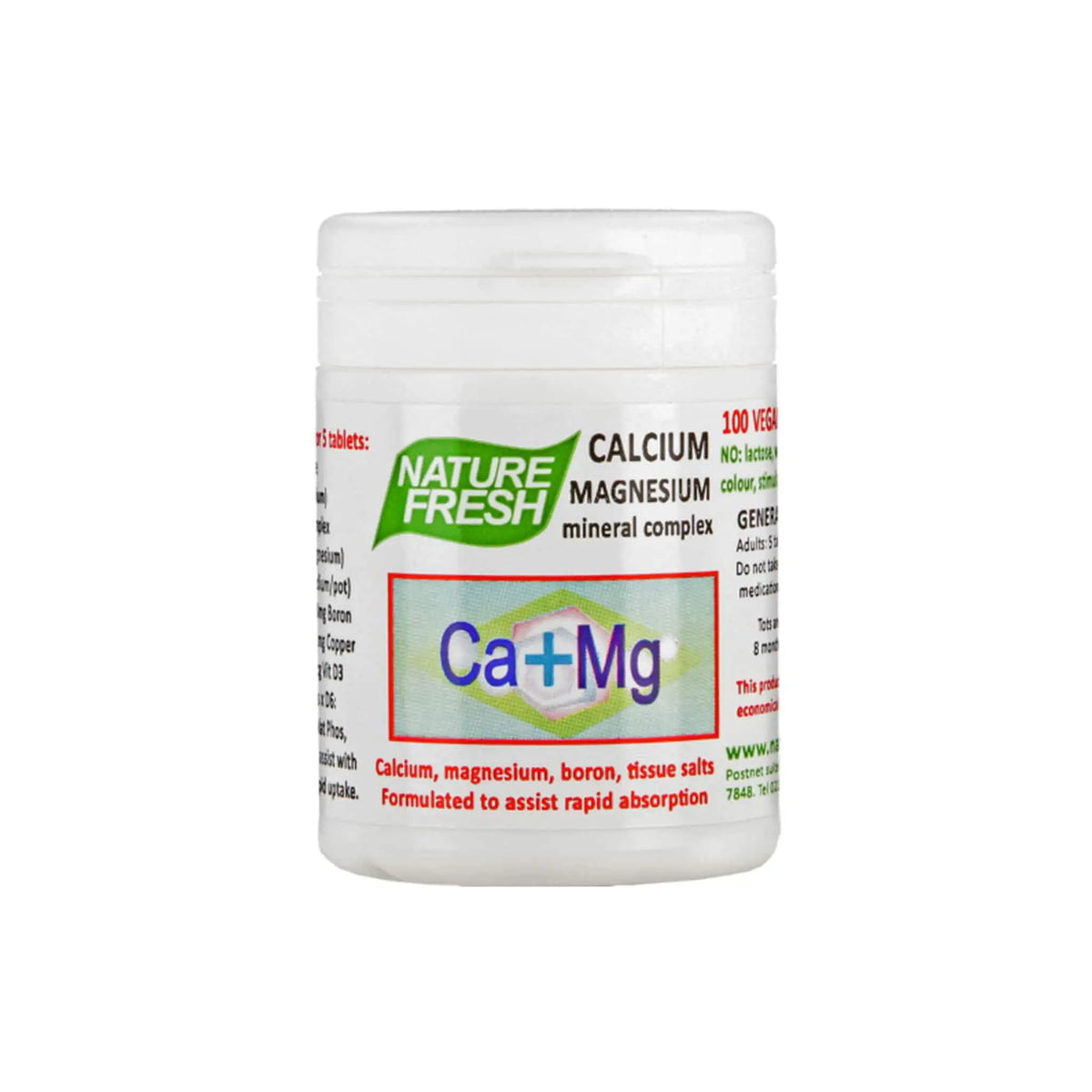Nature Fresh Calmag Complex vegan tablets, 100 count, formulated with calcium, magnesium, and boron for quick absorption.