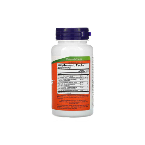 NOW Foods Allibiotic CF supplement bottle for immune system support with garlic, elderberry, and olive leaf extracts.