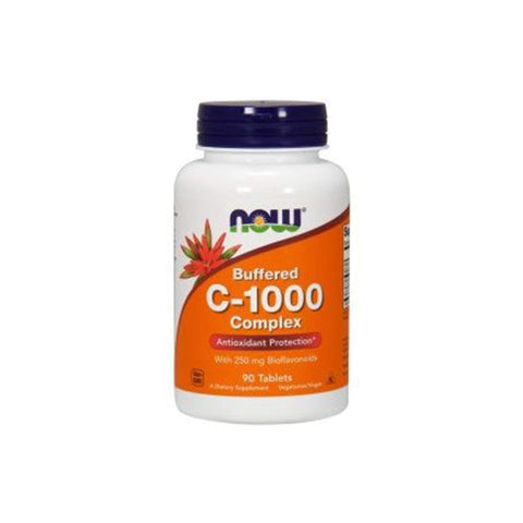 Now Foods Buffered C-1000 Complex vitamin C supplement bottle with 90 tablets for immune support and antioxidant protection.