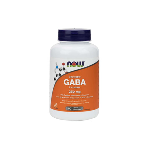 Now Foods Chewable GABA supplement bottle, 250 mg, 90 tablets for relaxation and nervous tension relief.