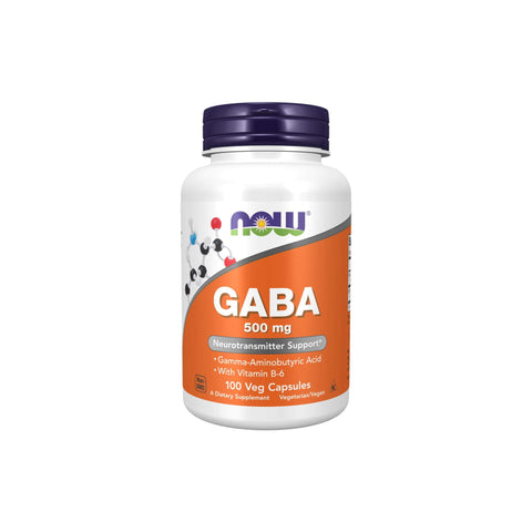 Now Foods GABA supplement bottle with 500 mg of Gamma-Aminobutyric Acid and Vitamin B-6, 100 vegetarian capsules.