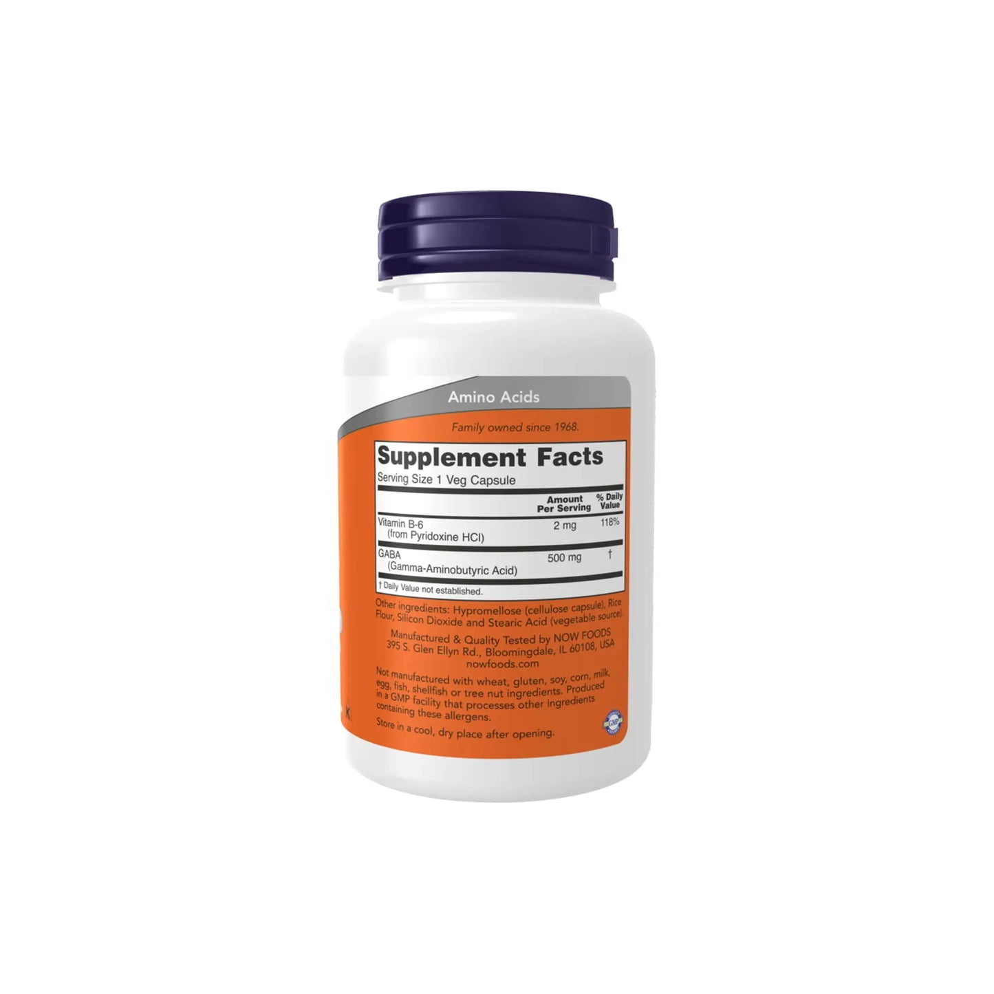 Now Foods GABA supplement facts label showing vitamin B-6 and GABA content in a white bottle.
