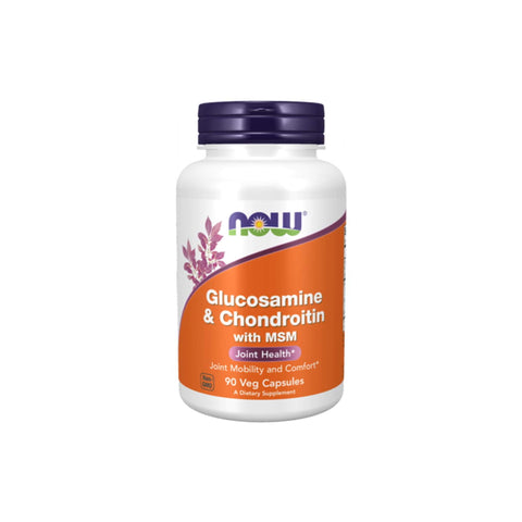 Now Foods Glucosamine & Chondroitin with MSM dietary supplement bottle for joint health, 90 veg capsules.