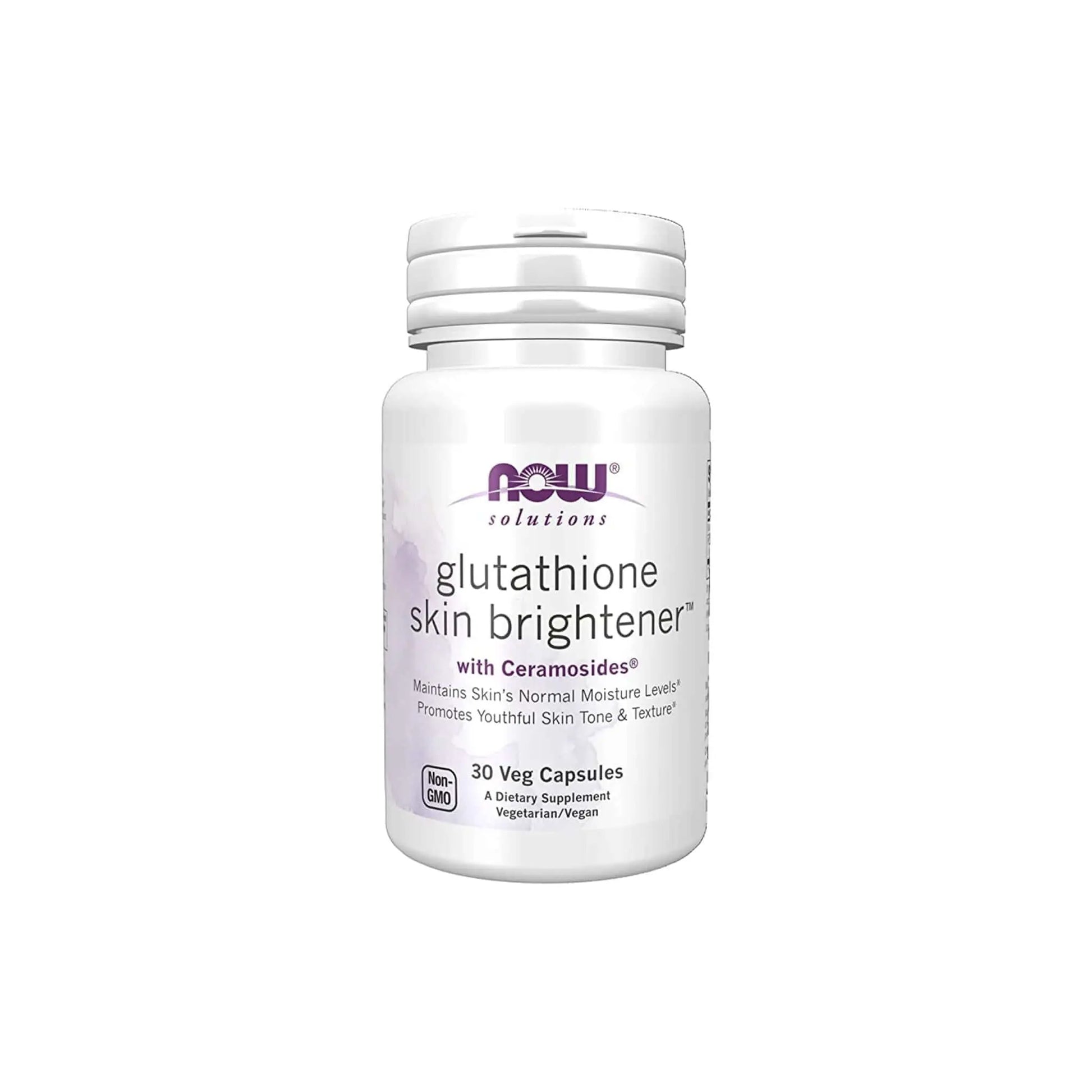 NOW Solutions Glutathione Skin Brightener with Ceramosides, 30 veg capsules for healthy, glowing skin.