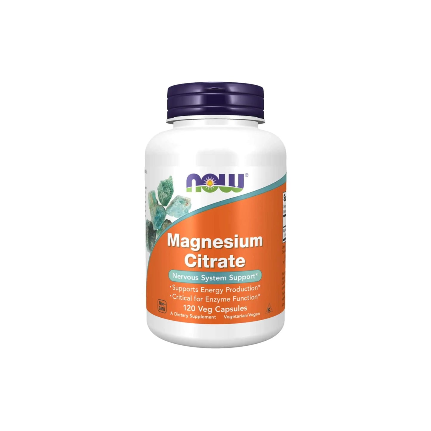 Now Foods Magnesium Citrate supplement bottle, supports energy production and nervous system health, 120 veg capsules.