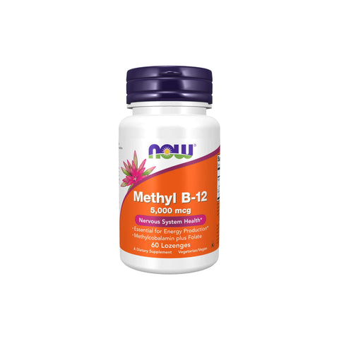 NOW Foods Methyl B-12 5000mcg dietary supplement for energy and nervous system health, 60 lozenges in a white bottle.