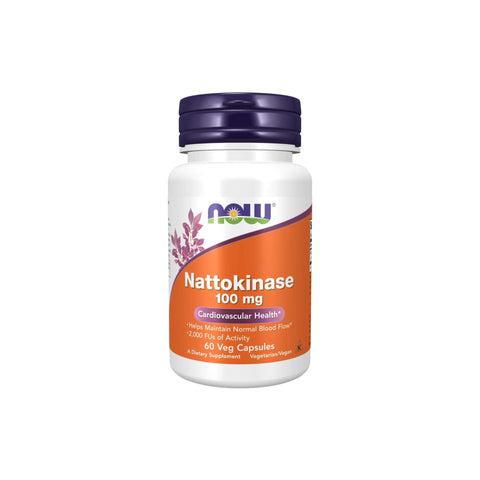 NOW Foods Nattokinase 100mg capsules for cardiovascular health with 2000 FUs per serving. Vegetarian dietary supplement bottle.