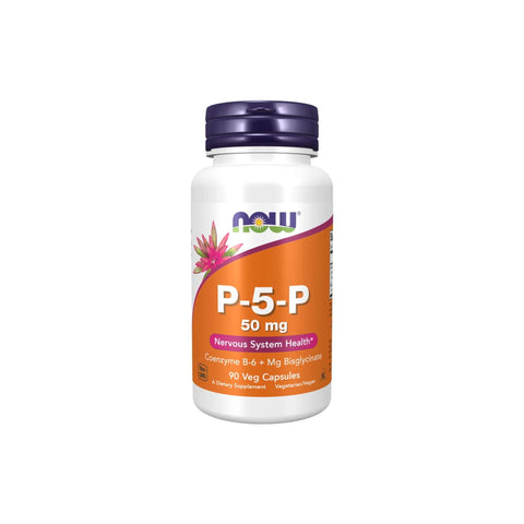 Now Foods P-5-P vitamin B-6 supplement bottle, 50 mg, 90 veg capsules for nervous system health.