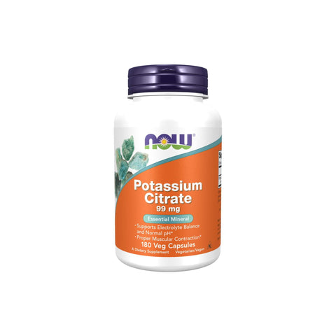 Now Foods Potassium Citrate 99mg supplement bottle with 180 veg capsules for electrolyte balance and muscle support.