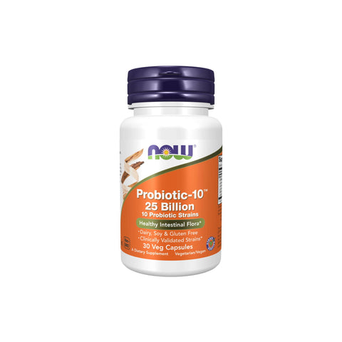 NOW Probiotic-10 25 Billion bottle featuring 10 probiotic strains for healthy digestion and immune support.