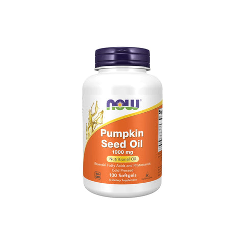 NOW Pumpkin Seed Oil 1000mg supplement bottle with 100 softgels, cold-pressed, non-GMO nutritional oil.