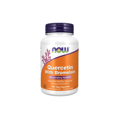 Now Foods Quercetin with Bromelain supplement bottle for respiratory health and immune support, 120 veg capsules.