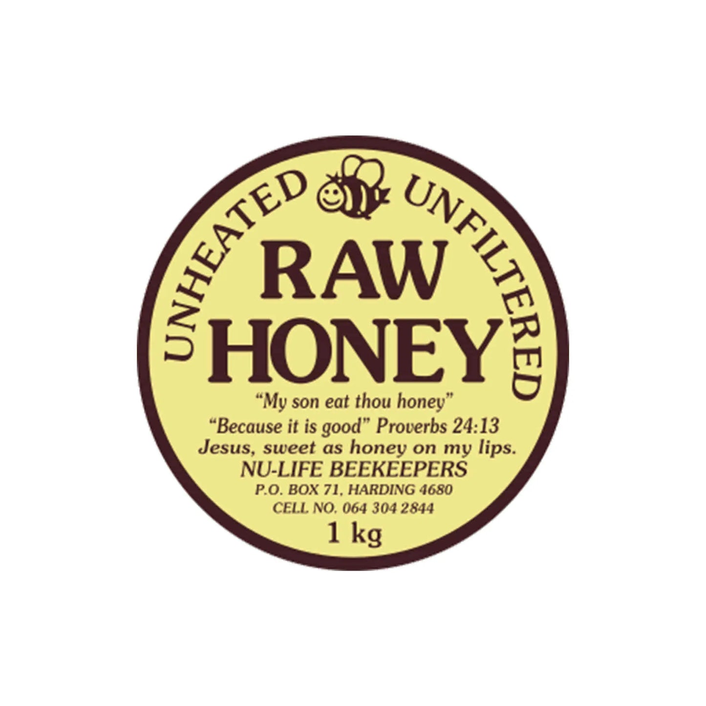 Nu Life unheated unfiltered raw honey label with a Bible quote, showcasing quality natural honey from South Africa.