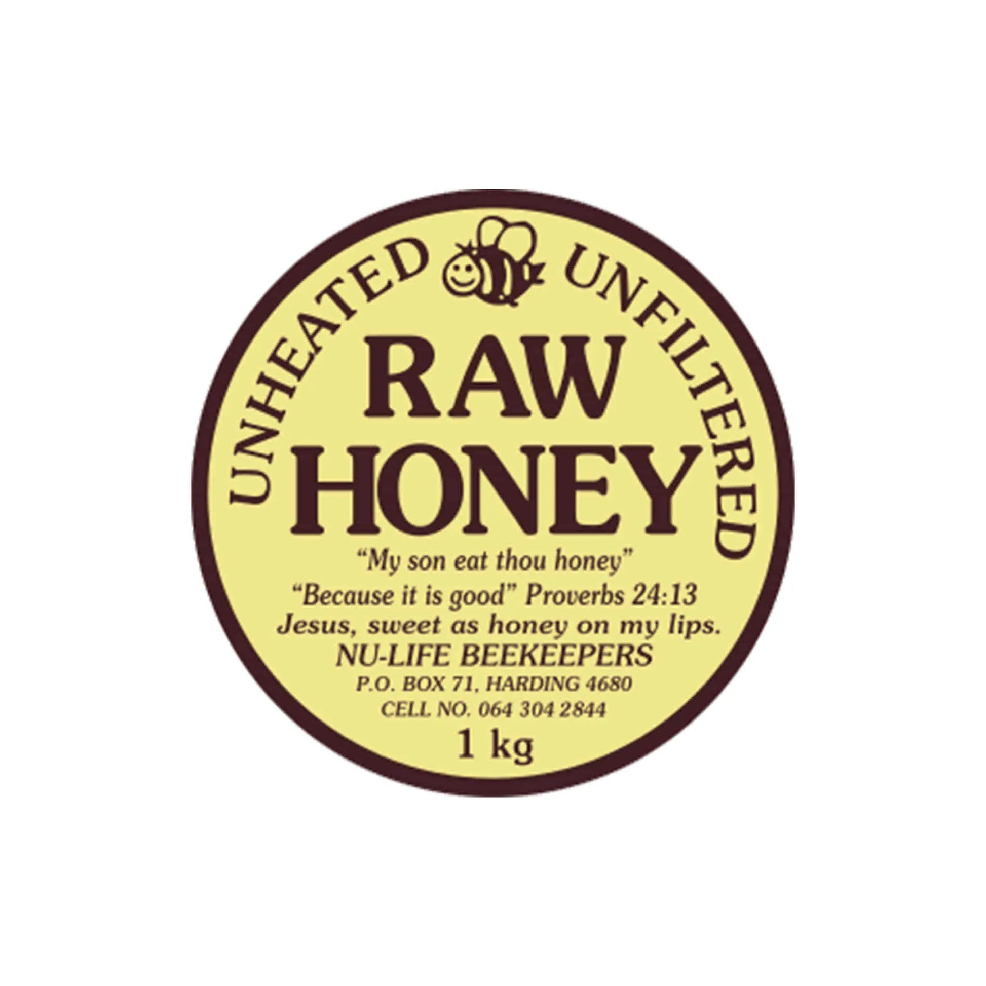 Nu Life unheated unfiltered raw honey label with a Bible quote, showcasing quality natural honey from South Africa.