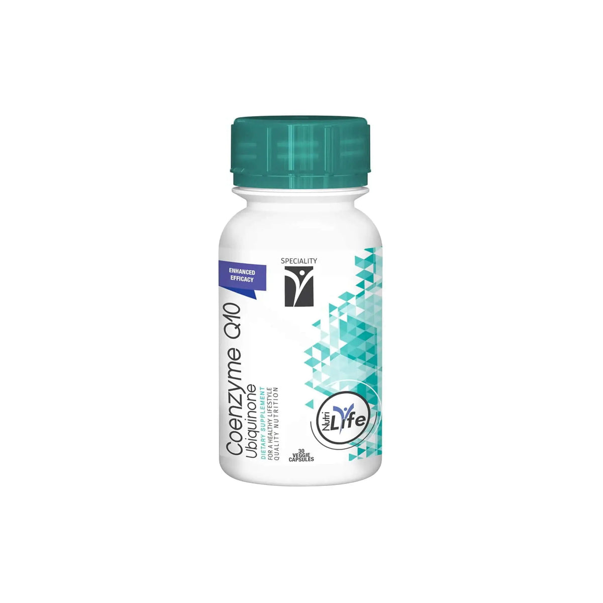 Coenzyme Q10 supplement bottle for cardiovascular health and cellular energy, featuring enhanced efficacy ingredients.