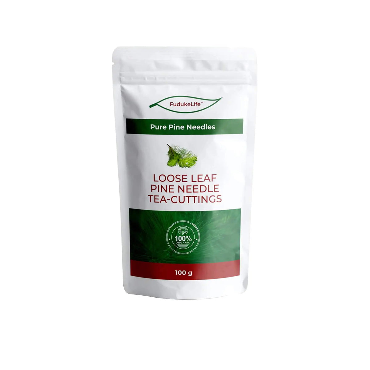 Fudukelife Pure Pine Needles tea cuttings packaging, 100g, organic loose leaf pine needles for brewing tea.
