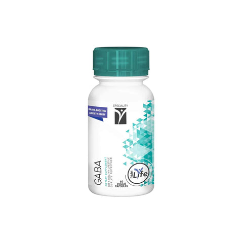 Nutrigreen GABA supplement bottle for anxiety relief, featuring brain-boosting benefits with calming properties.