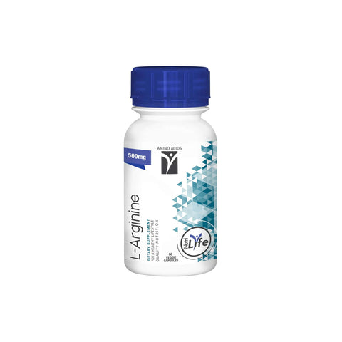 L-Arginine 500mg supplement bottle, beneficial for muscle metabolism and blood flow, featuring a blue cap and geometric design.