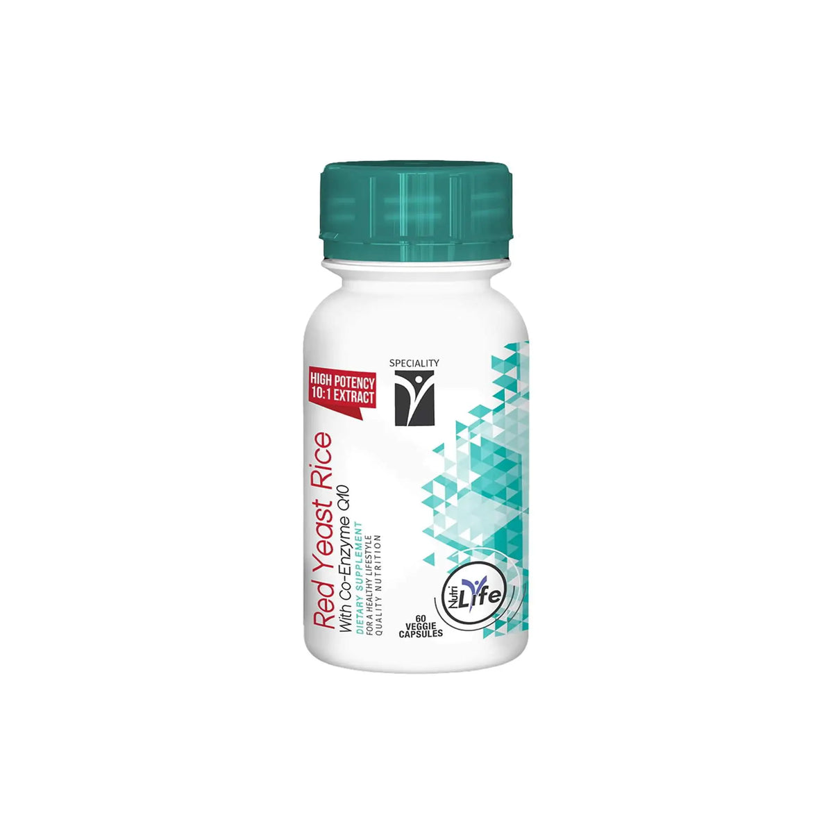 Nutrigreen Red Yeast Rice with CoQ10 dietary supplement bottle, featuring high potency and citrinin-free extract.