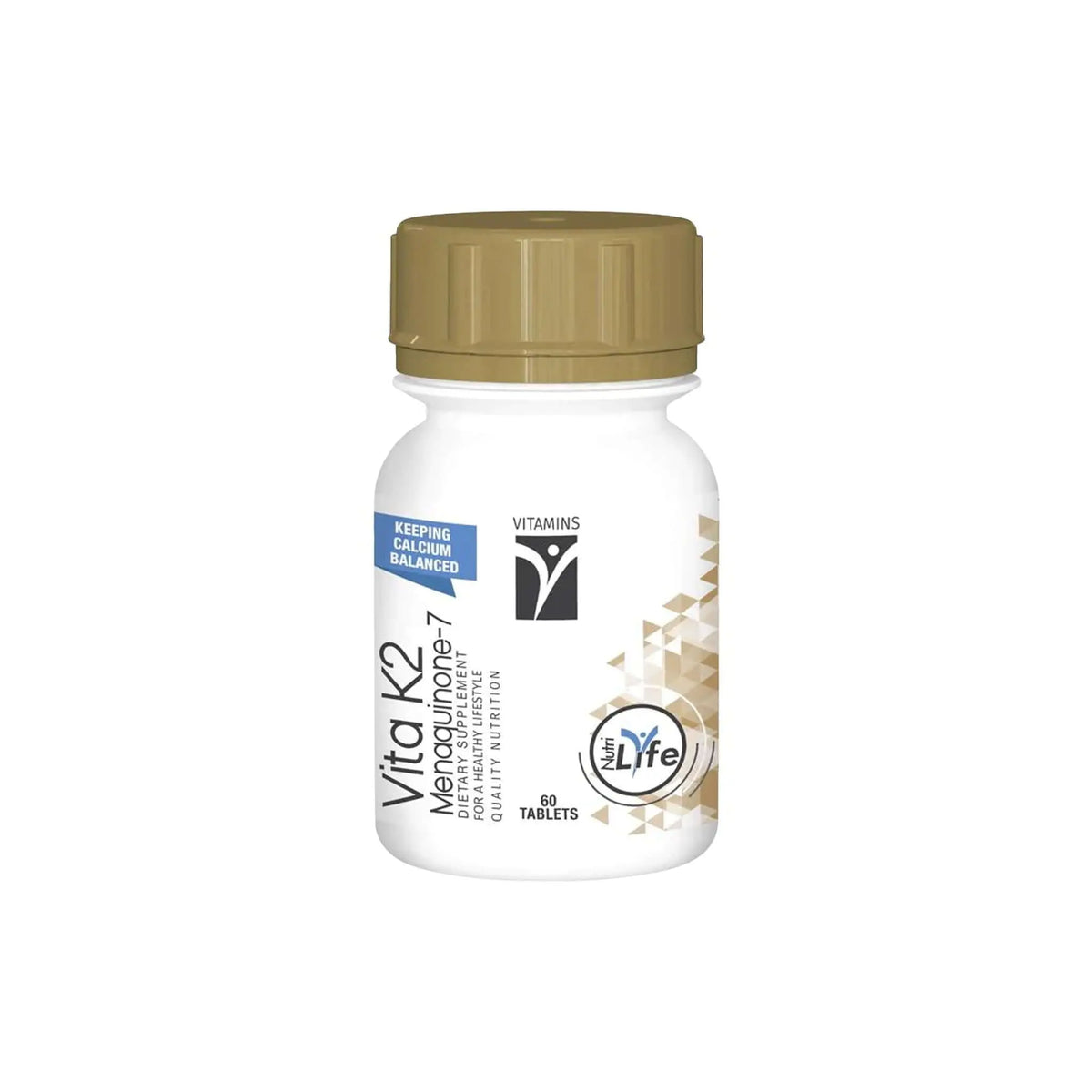 Nutrigreen Vita K2 supplement bottle, containing 60 tablets for bone health and calcium balance.