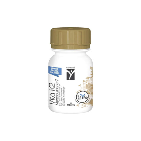 Nutrigreen Vita K2 supplement bottle, containing 60 tablets for bone health and calcium balance.