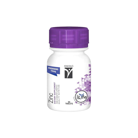 Nutrigreen Zinc supplement bottle, providing 15mg of elemental zinc in a pack of 60 tablets for skin and health support.