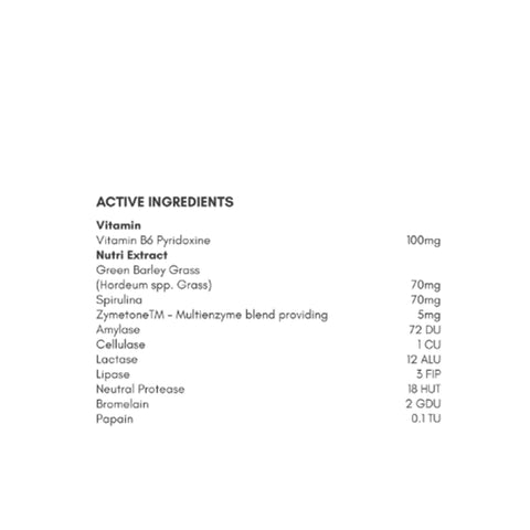 Nutrigreen B6 Pyridoxine supplement bottle for enzyme activity, enhanced absorption, and stress control.
