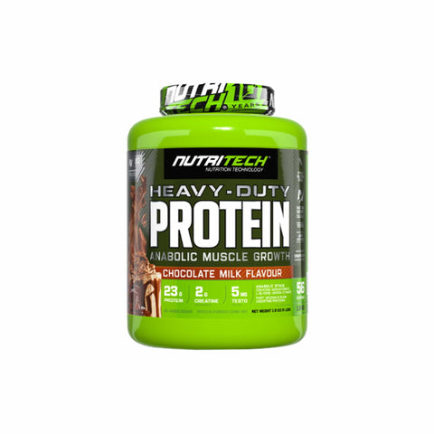 Nutritech Heavy-Duty NT Whey 1.8Kg protein powder in chocolate milk flavor for muscle growth, featuring 23g protein per serving.
