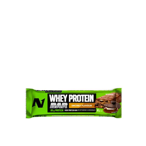 Nutritech Whey Protein Bar Smoreo with cookies and chocolate, offers 20g protein in a delicious snack.
