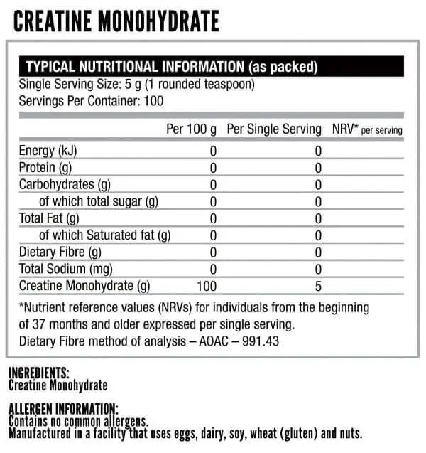 Nutritional information for Nutritech Creatine Monohydrate, including serving size and key ingredients.