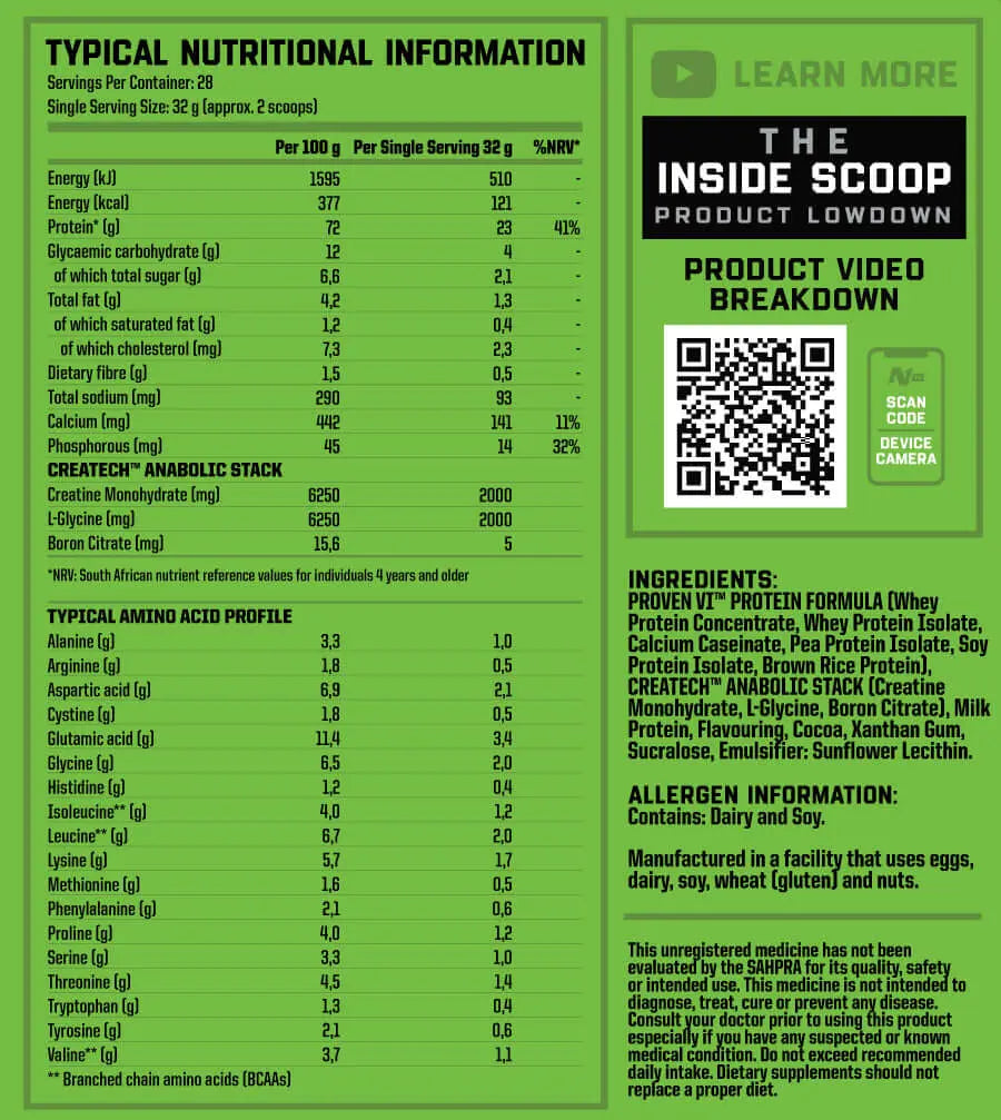 Nutritional information panel for Nutritech Heavy-Duty NT Whey 1.8Kg, displaying servings, calories, and ingredients.