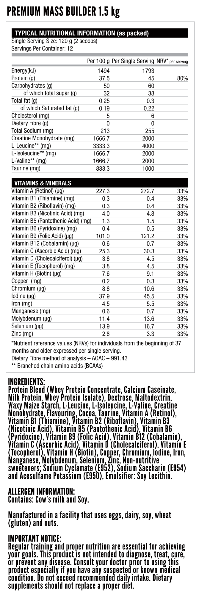 Nutritech Premium Mass Builder nutritional information panel showing protein, calories, and vitamins per serving.
