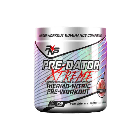 PNS Pre-dator Xtreme pre-workout supplement container with bold label highlighting high potency and performance benefits.