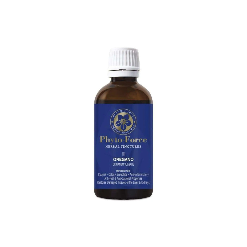 Phyto Force Oregano tincture bottle for herbal remedies, supports respiratory health and liver restoration.