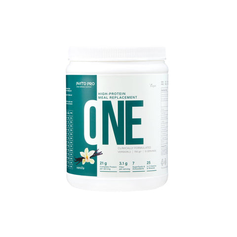 Phyto Pro One High Protein Meal Replacement container featuring a vanilla flavor and nutrition details on the label.