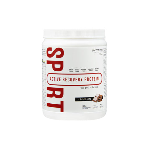 Phyto Pro Sport Active Recovery Protein in chocolate flavor, 600g container, plant-based, non-GMO, clean ingredients.
