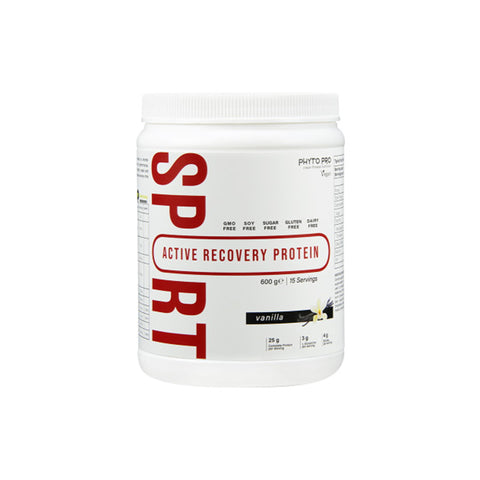 Phyto Pro Sport Active Recovery Protein in chocolate flavor, 600g container, plant-based, non-GMO, clean ingredients.
