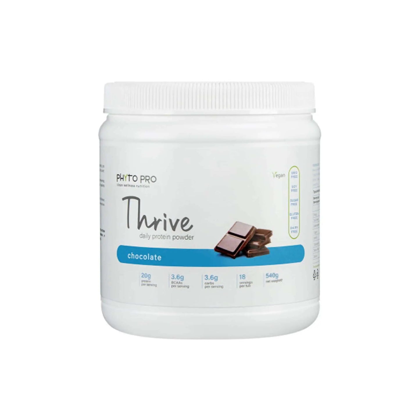 Phyto Pro Thrive Protein Powder in Chocolate flavor, 88% protein isolate from non-GMO peas, vegan and healthy nutrition.
