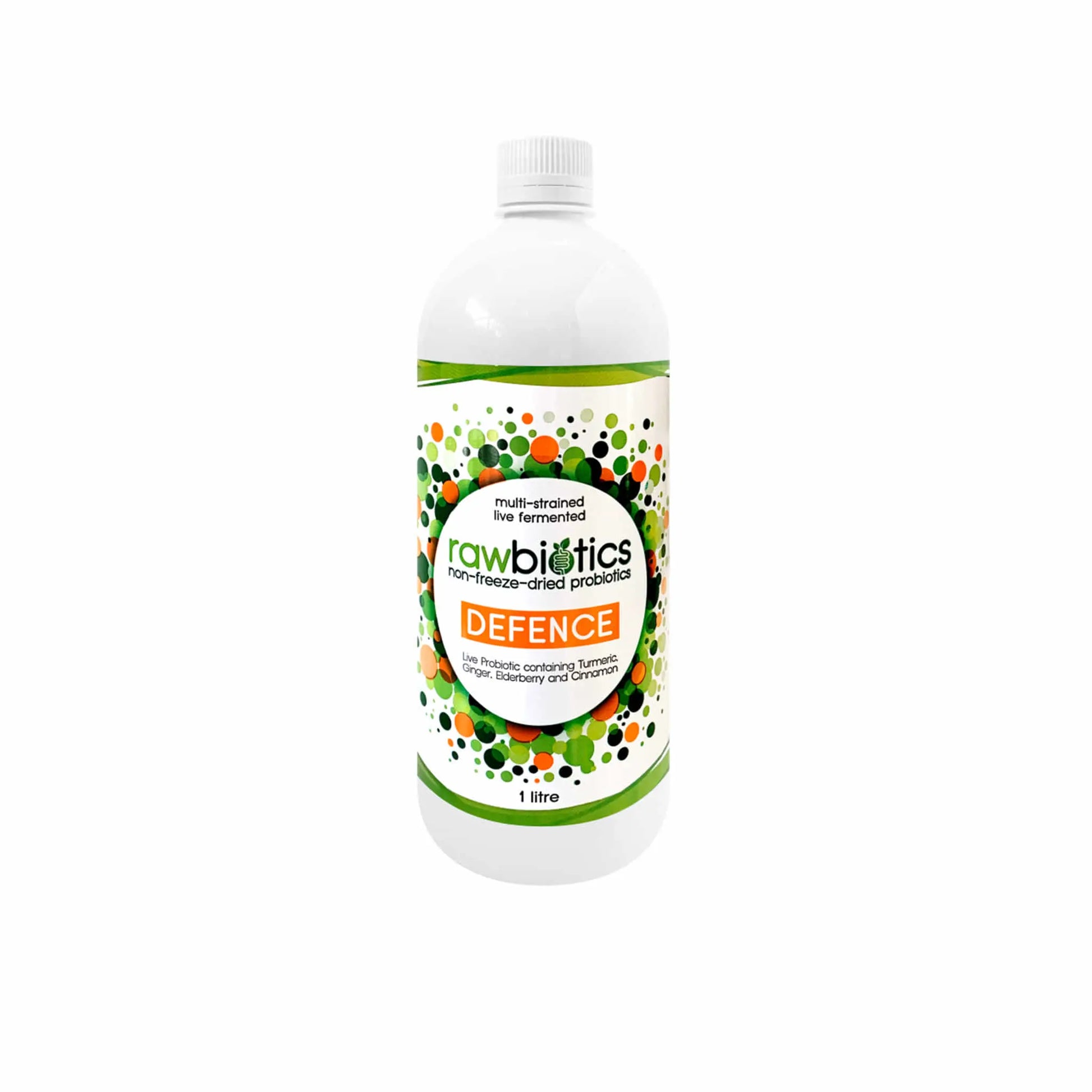 Rawbiotics Defence live probiotic bottle with ginger, elderberry, turmeric, and cinnamon for gut health and immunity.