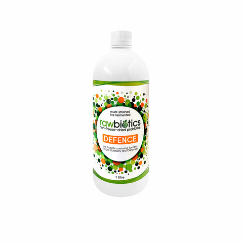 Rawbiotics Defence live probiotic bottle with ginger, elderberry, turmeric, and cinnamon for gut health and immunity.
