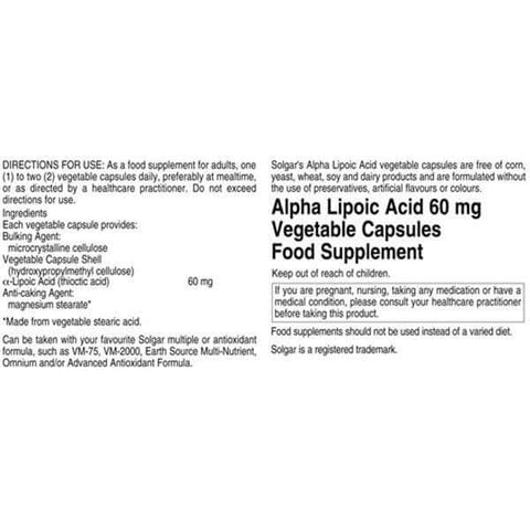 SOLGAR LIPOIC ACID 60MG - Solgar | Energize Health