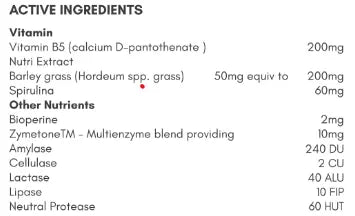 Nutrigreen Vita B5 active ingredients list including Vitamin B5, barley grass, spirulina, and enzyme blend for enhanced efficacy.