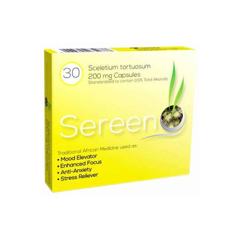 Sereen Sceletium Mood Booster 200 mg capsules, natural mood elevator and cognitive enhancer, 30-count box.