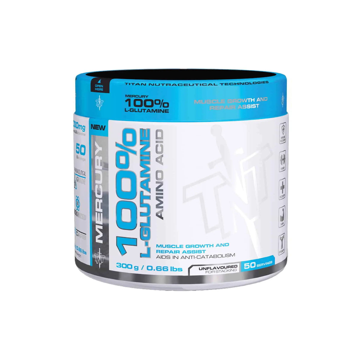 TNT 100% L-Glutamine supplement container for muscle growth and recovery, unflavored, 300g.
