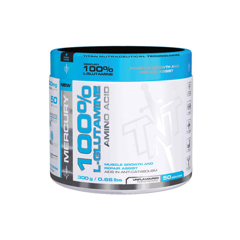 TNT 100% L-Glutamine supplement container for muscle growth and recovery, unflavored, 300g.