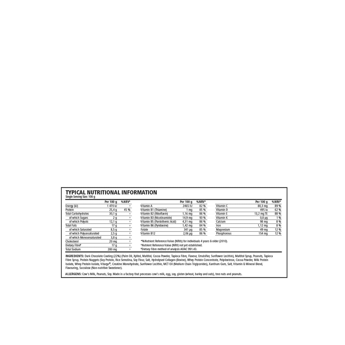 Nutritional information panel for TNT Black Mass Protein Bar detailing ingredients and nutritional values.