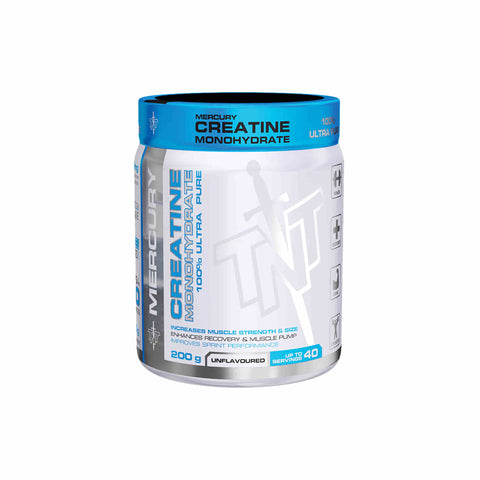 TNT Mercury Creatine Mono jar, 200g, unflavored, enhances muscle strength and recovery, promotes muscle growth.