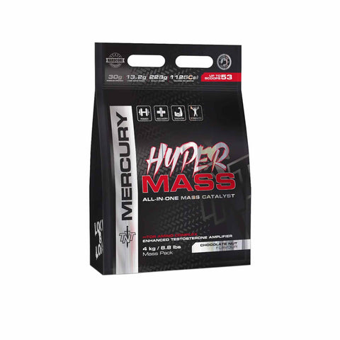 TNT Mercury Hyper Mass 4Kg packaging featuring enhanced testosterone amplifier for lean mass gains and energy support.