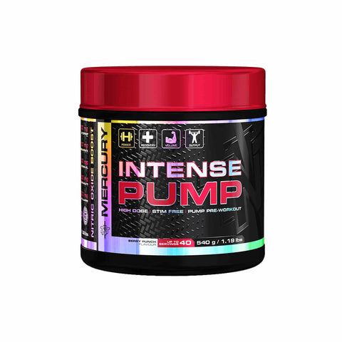 TNT Mercury Intense Pump pre-workout powder in a red container for enhanced muscle pumps and vascularity.