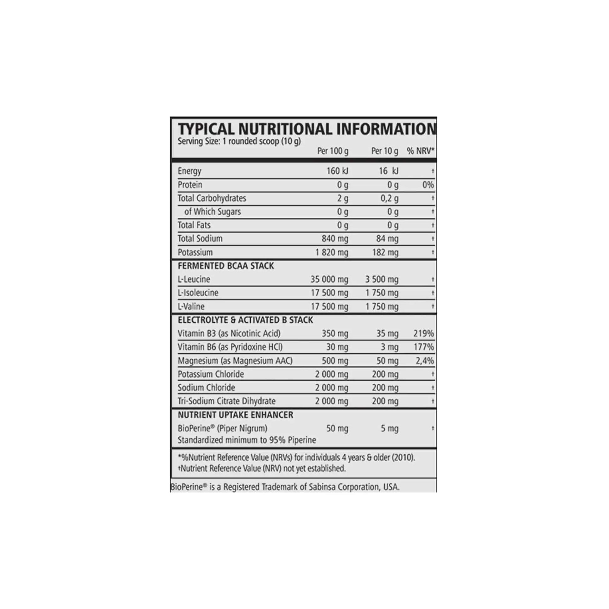 Nutritional information label for TNT Mercury Prime BCAA with serving size and ingredient details.